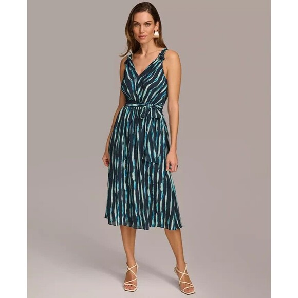 Donna Karan New York Women's Printed Belted A-Line Dress Teal Navy Midi Dress 12 - Picture 6 of 11